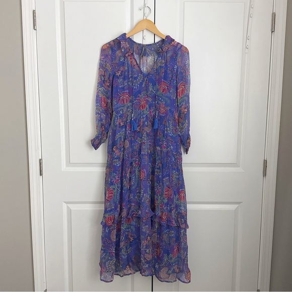 Anthropologie The Marais Chiffon Maxi Dress Blue Motif Small Petite SP Rare - Picture 2 of 8